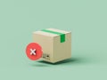 Simple cartoon delivery box with red error mark 3d render illustration.