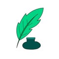 Simple cartoon icon. Green inkpot and feather. Cartoon style vector