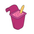 Simple cartoon icon. Pink plastic packaging with yoghurt. Berry flavor