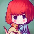 simple cartoon illustration of a children girl protecting a dog, ai generated image