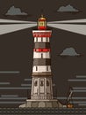 Simple cartoon illustrations of lighthouse at night.