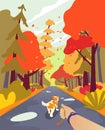 Simple cartoon people at autumn park. Walk the dog. Walking with dog.Autumn landscape minimalistic style, orange season palette .