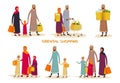 Simple cartoon people at shopping, family at mall