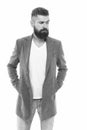 Simple and casual. Casual outfit. Menswear and fashion concept. Man bearded hipster stylish fashionable jacket. Casual Royalty Free Stock Photo