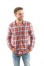 Simple casual clothes. Feeling comfortable. Country music concept. Country style. Man wear checkered shirt. Rustic and