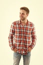 Simple casual clothes. Feeling comfortable. Country music concept. Country style. Man wear checkered shirt. Rustic and
