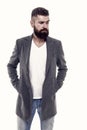 Simple and casual. Casual outfit. Menswear and fashion concept. Man bearded hipster stylish fashionable jacket. Casual Royalty Free Stock Photo