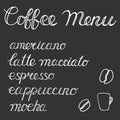 Simple chalkboard with coffee menu, coffee cup and coffee beans.