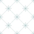 Simple checkered ornament with floral elements. Blue dotted pattern on white background. Seamless texture