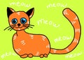 A simple child-like drawing of an orange tabby cat against a light bright green backdrop