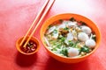 Simple Chinese fishball noodle soup served in bowl