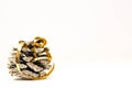 Simple Christmas image, pine cone with golden ribbon close up shot