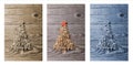 Simple Christmas tree arranged from sawdust, wood-chips on wooden background. Orange cute ribbon.Triptych. Royalty Free Stock Photo