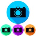 Simple, circular, flat camera icon silhouette. Four color variations. Casting a shadow. Isolated on white