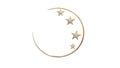 A simple, circular gold outline accompanied by three sparkling stars, set against a white background.Glitter