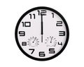 Simple classic black and white round wall clock isolated on white. Clock with arabic numerals on wall shows 12:00 , 00:00 Royalty Free Stock Photo