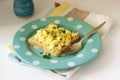Simple classic breakfast of bread toast and scrambled eggs with parsley. Royalty Free Stock Photo