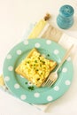 Simple classic breakfast of bread toast and scrambled eggs with parsley. Royalty Free Stock Photo