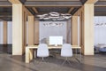 Simple classical concrete and wooden office room interior with furniture and equipment.