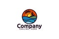 Simple and clean beach logo with a beautiful beach view, there are sunsets, coconut trees and boats, in a circle