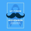 Simple clean Movember Prostate Cancer Awareness Month poster campaign design with mustache vector illustration and blue ribbon