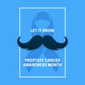 Simple clean Prostate Cancer Awareness Month poster campaign design with mustache vector illustration and blue ribbon background
