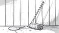 Broom and Dustpan with Debris on Wooden Floor - Minimalist Line Art Royalty Free Stock Photo