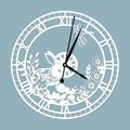 Simple clock face with roman numerals and a hare. Vector template for laser cut. Silhouette of dial isolated on gray Royalty Free Stock Photo