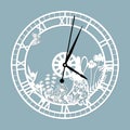 Simple clock face with roman numerals and a hare. Vector template for laser cut. Silhouette of dial isolated on gray