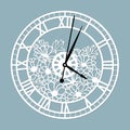 Simple clock face with roman numerals. Vector template for laser cut. Silhouette of dial isolated on gray background. Floral theme Royalty Free Stock Photo