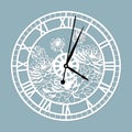 Simple clock face with roman numerals. Vector template for laser cut. Silhouette of dial isolated on gray background. Floral theme Royalty Free Stock Photo