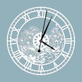 Simple clock face with roman numerals. Vector template for laser cut. Silhouette of dial isolated on gray background. Floral theme Royalty Free Stock Photo