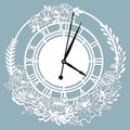 Simple clock face with roman numerals. Vector template for laser cut. Silhouette of dial isolated on gray background. Floral theme Royalty Free Stock Photo