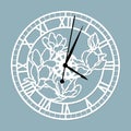 Simple clock face with roman numerals. Vector template for laser cut. Silhouette of dial isolated on gray background. Floral theme Royalty Free Stock Photo