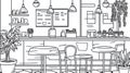 Cafe Interior Line Drawing Sketch, Bar Counter, Tables, Chairs, Plants, Menu Royalty Free Stock Photo