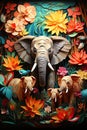Simple Colorful Animals And Various Flowers In Paper Cut Design In Jungle And Cute Elephants