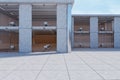 Simple concrete office building exterior on bright blue sky backgroound. 3D