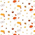 Simple cozy autumn background with fall elements. Repeated pattern. Cartoon flat autumn leaves, glasses, scarf, hot