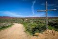 A cross marking The Way on the Camino Frances path to Santiago de Compostela