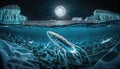 Simple crustacean creature swimming in the icy ocean of an alien planet. Generative AI