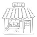 Simple cute cafe with window and flowerbed in sketch doodle style.
