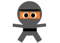 A simple cute cartoonish outline shape impression of a dark grey robed ninja with black belt and big round eyes white backdrop