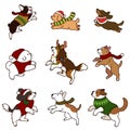 Simple and cute Christmas illustrations with adorable dogs jumping outlined