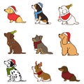 Simple and cute Christmas illustrations with adorable dogs sitting in side view outlined