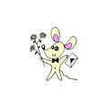 A simple cute contour color mouse with a love letter and a bouquet of flowers. Doodle. Design element for greeting card,