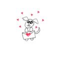 Simple cute contour dog with love letter, red hearts. Doodle. Design element for greeting card, Valentine`s day, birthday,