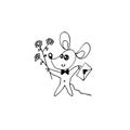 A simple cute contour mouse with a love letter and a bouquet of flowers. Doodle. Design element for greeting card, Valentine`s da