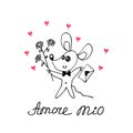 A simple cute contour mouse with a love letter, flowers. Amore mio. Doodle. Design element for greeting card, Valentine`s Day,