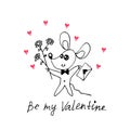 A simple cute contour mouse with a love letter and flowers. Doodle. Be my Valentine. Design element for greeting card, Valentine` Royalty Free Stock Photo