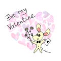 Valentine`s day greeting card. A simple cute color mouse with a love letter and flowers. Doodle. For postcard, logo, badges,